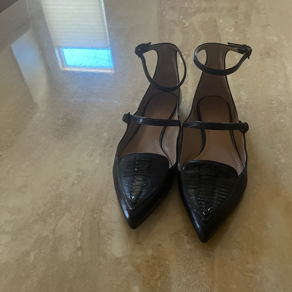 Tory Burch Black Flats with Croc Embossed Detail